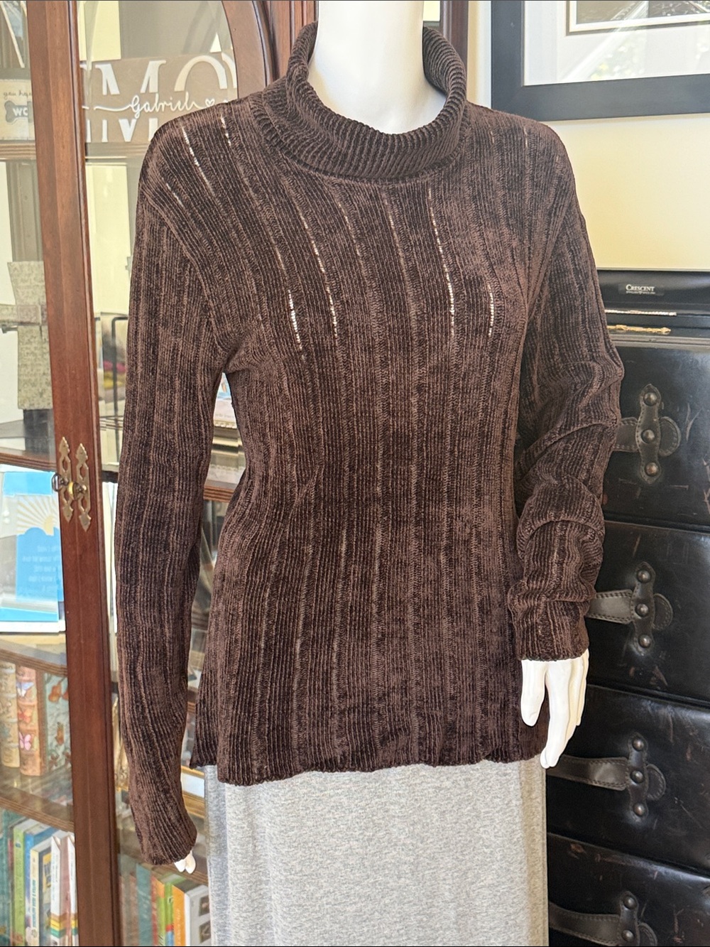 Bloomingdale's Chocolate Brown Ribbed Chenille Turtleneck Sweater